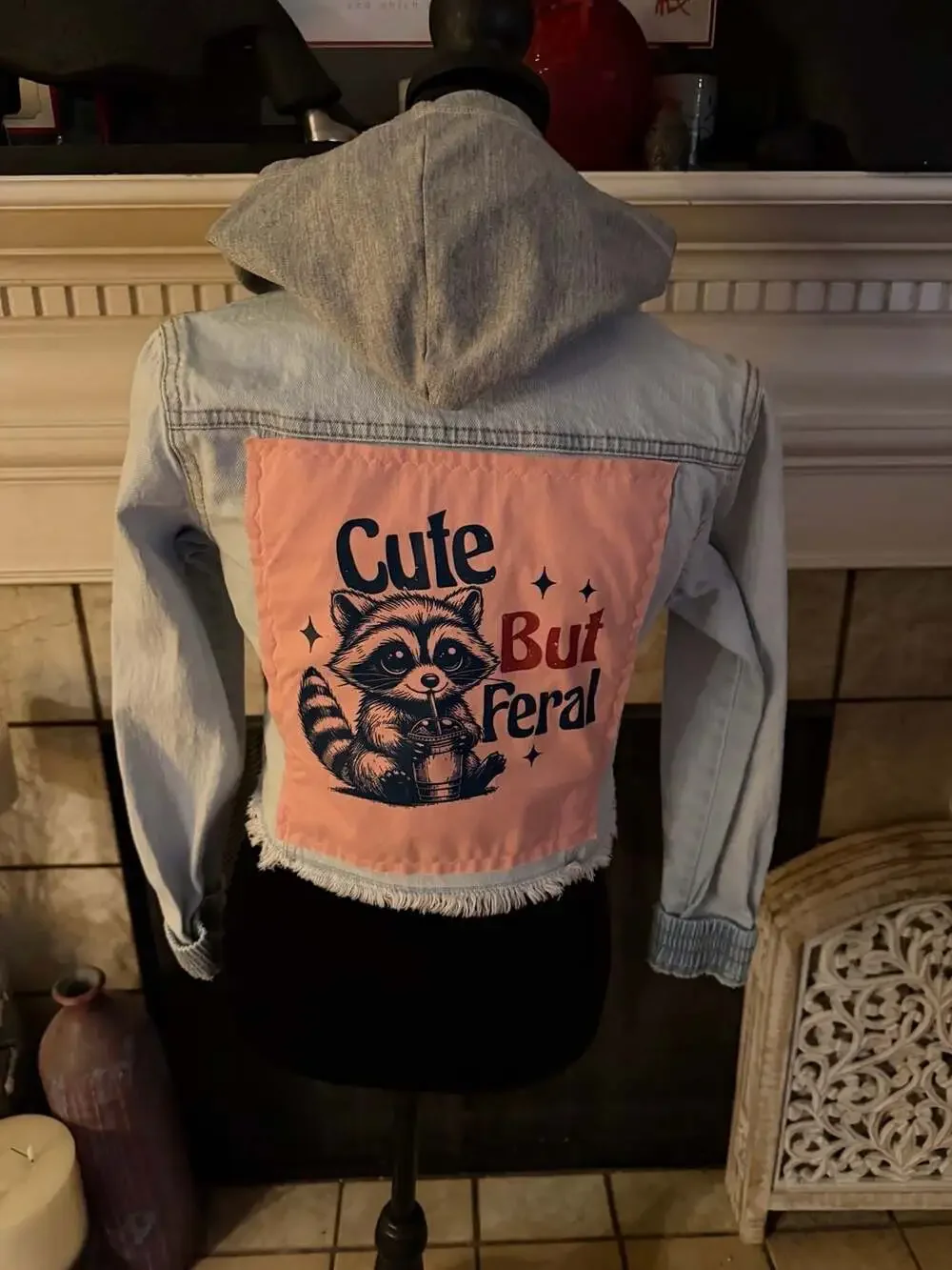 Cat & Jack Girls Light Wash Denim Jacket with Hood and Raccoon Graphic Patch